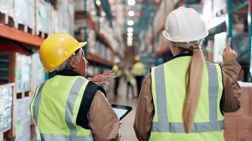 Logistics, discussion and women in warehouse with tablet for online checklist