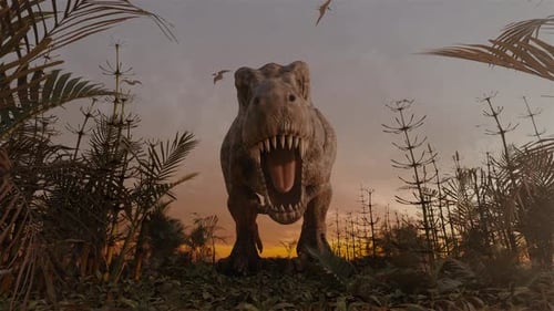 Prehistoric Tyrannosaurus Rex Roaring in a Lush Jungle Environment