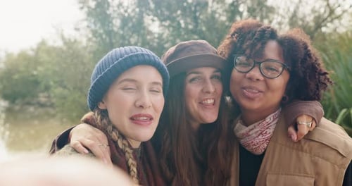 Nature, friends and selfie of women live streaming for social media, online post