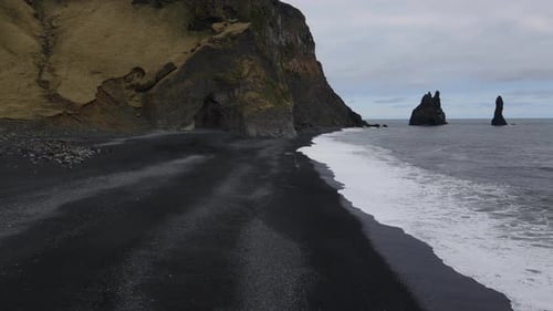 Iceland Reynisfjara Black Sand Beach with Basalt Columns Aerial Drone