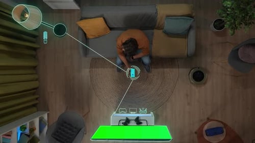 Top View Man Sitting on the Sofa Switching on House Gadgets Using App on Smartphone Infographic