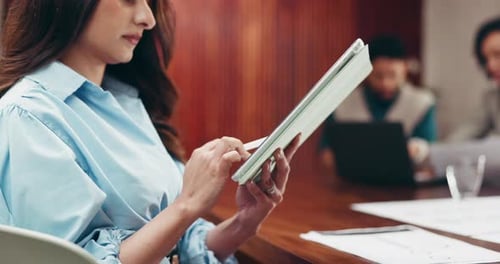 Business, woman and reading with stylus in office for research, editor feedback and manuscript