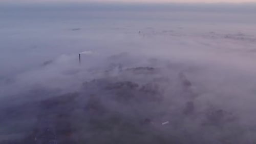 Aerial view of foggy sunrise over industrial factory, Netherlands.