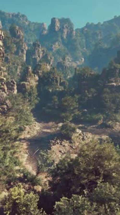 A View of a Mountain Range with Trees and Rocks