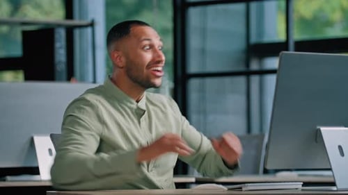African American Worker Typing Computer Multiracial Businessman Entrepreneur Manager in Office Win