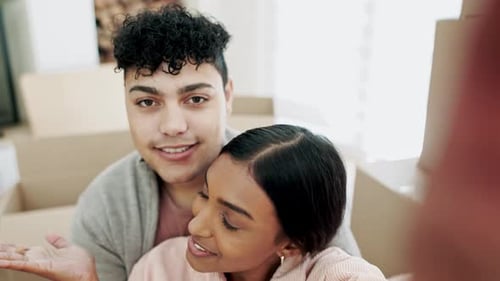 Couple, love and real estate in video call, social media or moving in new home together in live