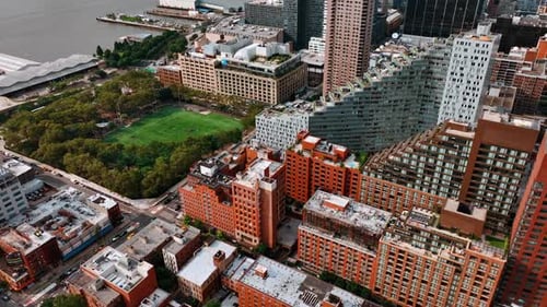 USA building touristic city. American downtown new york aerial view.