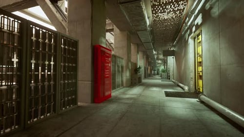 Ruined Factory Corridor Featuring Rusted Cages and Flickering Lights