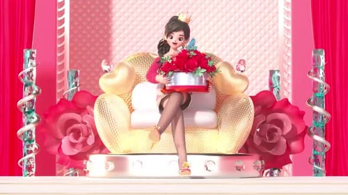 3D Princess Character with Red Roses and Golden Throne Animation