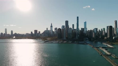 Waterfront View of a Modern City Skyline of Chicago City with Highrise Buildings The Scene Features