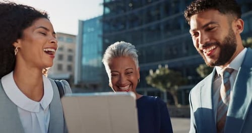 City, tablet and happy business people chat on sidewalk with social media
