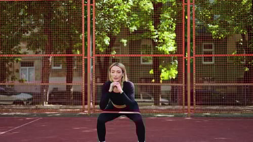 Athletic Woman Exercising with Workout Band Outdoors
