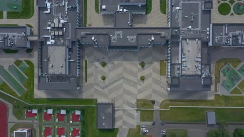 Aerial top view of the school with playgrounds and outdoors sports infrastructure.