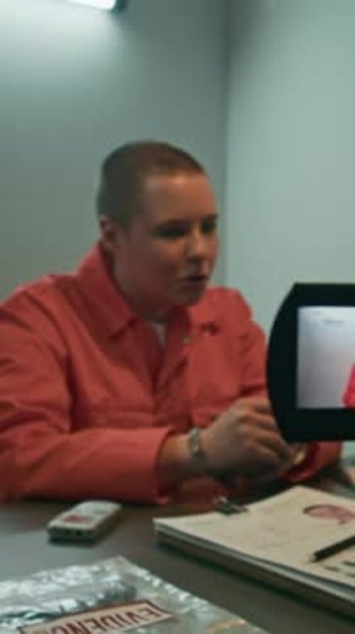 Woman in Orange Jumpsuit Being Interrogated