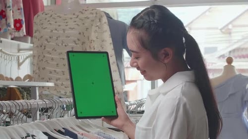 Close Up Of Asian Female Owner Of Clothing Store Holding And Looking At Mock Up Green Screen Tablet