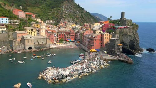 Aerial 4K footage of Vernazza, Cinque Terre in Italy.