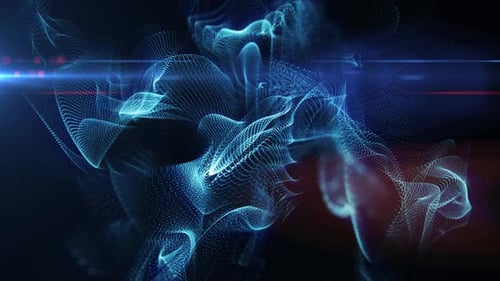 Blaue Partikelrauchwellen mit leuchtenden Lichtstreifen, futuristischer Datenfluss-Look auf dunklem Hintergrund