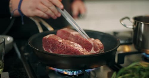 Seasoned Meat being Cooked in a Frying Pan