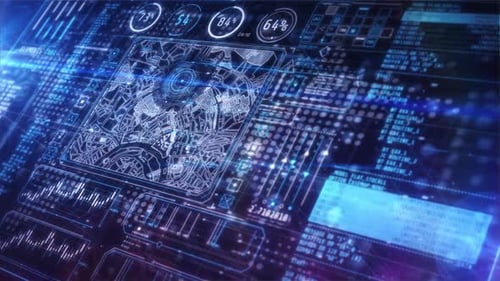 Interfaz futurista que muestra el mapa de la ciudad con análisis de datos y rastreadores