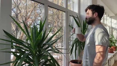 Man Drinking Coffee Stands by Bright Window