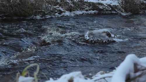 Slow motion footage of dark river water flowing during winter day with snow visible on river banks.