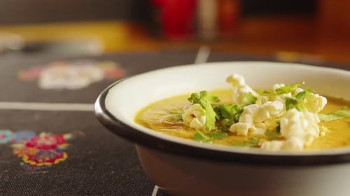 Mexican Vegetarian Vegan Bean Soup in Cooking Plate Bowl Cream Soup in Tex Mex American Restaurant