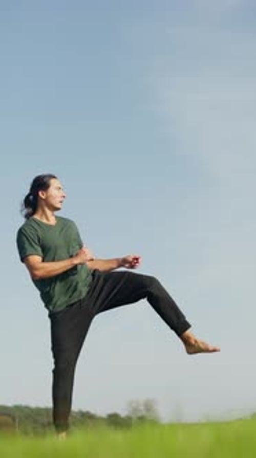 Young Adult Practicing Martial Arts Kicks in Nature