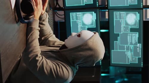 Vidéo verticale masquée par un criminel piratant un serveur informatique la nuit