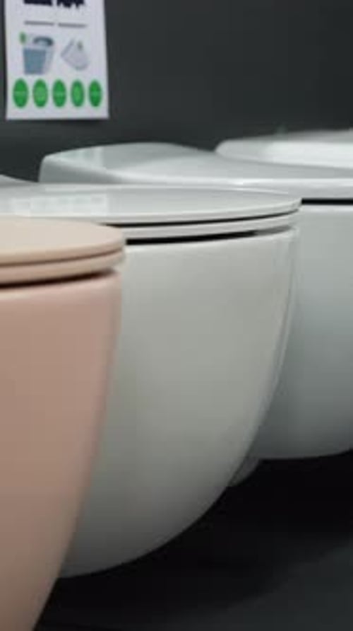 Ceramic Toilet Bowls of Different Types on a Shop Sale of Sanitary Equipment in a Specialized Store
