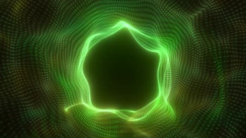 Circular green vortex made of digital particle streams forming a dense and glowing tunnel