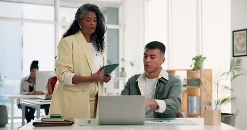 Laptop, tablet and business people in office for advice on creative project in collaboration