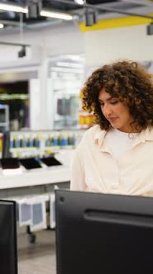 Customer Using Self Checkout Kiosk in Electronics Store