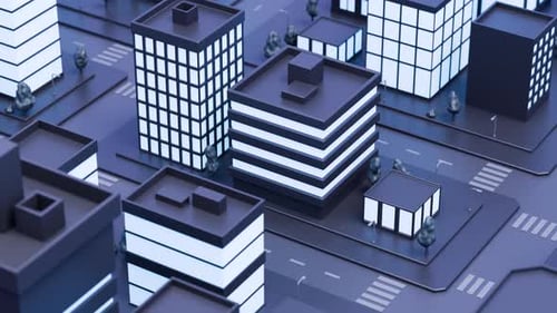 City or town animation. location pin or mark. Urban landscape, streets, buildings