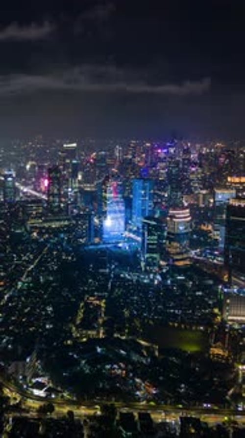 Aerial Timelapse of Jakarta City Skyline at Night Indonesia