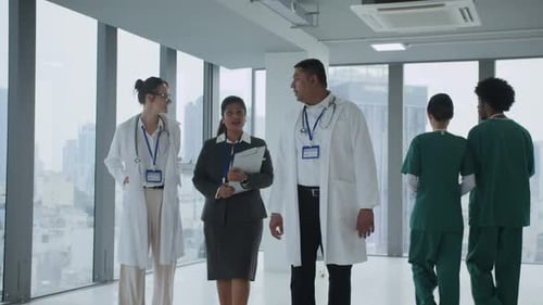 Medical Coworkers Talking while Walking along Hall of Modern Hospital