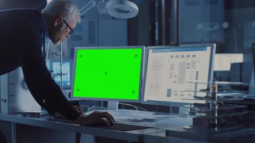 Professioneller Ingenieur arbeitet am Computer mit grünem Modellbildschirm und integriertem Entwicklungsprogramm
