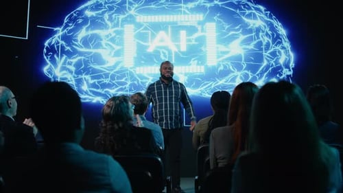 Man Presenting Artificial Intelligence to Audience in Dark Room