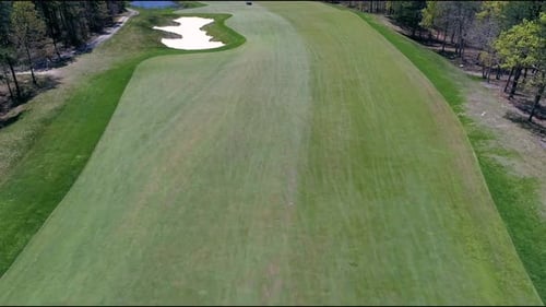 Aerial view of golf course and cart, United States.