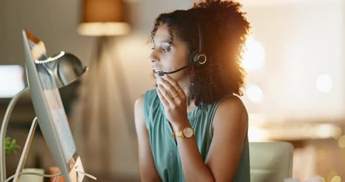 Computer screen, crm or woman in call center or telecom or telemarketing company help desk at night