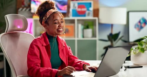 Video call, office and business woman on laptop for conversation, online chat and virtual meeting