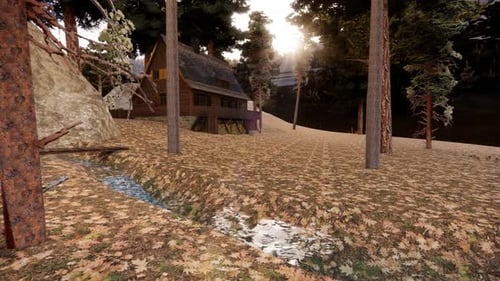 Discover a cozy cabin retreat nestled by a tranquil stream in the golden autumn forest