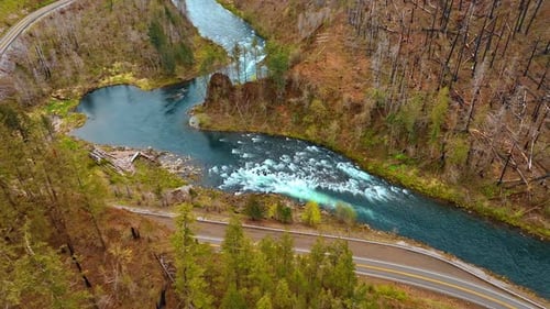 View of the rapids in the mountainous river. Drone descends above the pine trees and highway