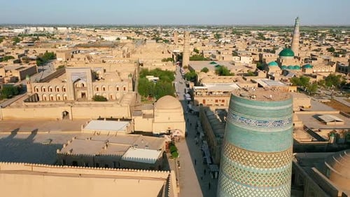 Kalta Minor Minaret and Juma Mosque in Itchan Kala of Khiva