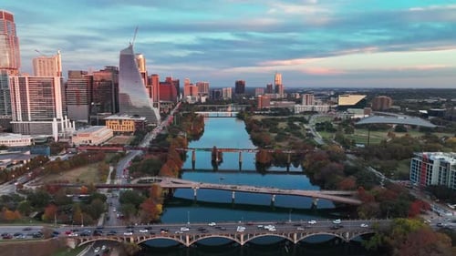 Aerial Panoramic View Over Modern Urban Landscape Of Downtown Austin, Texas, USA.