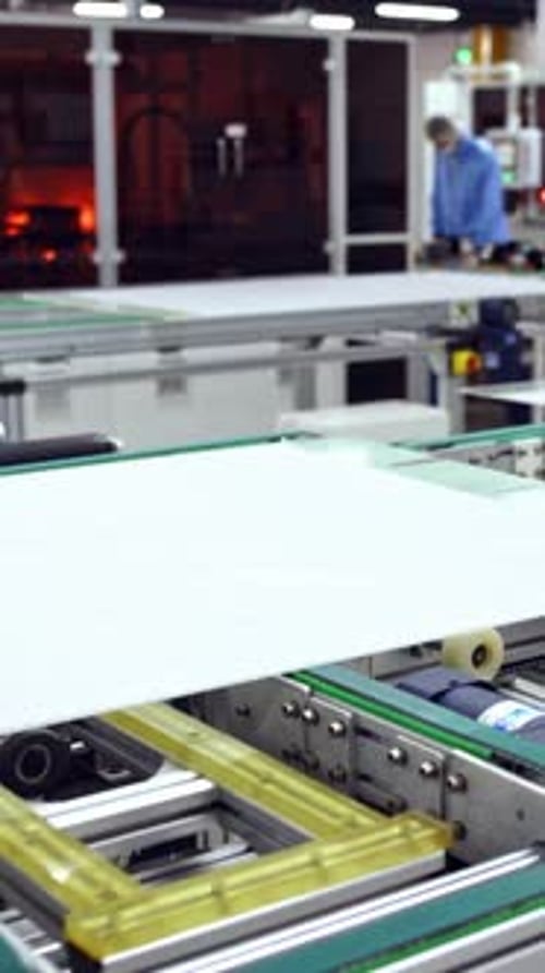 Modern automated solar energy production. Factory producing solar panels.