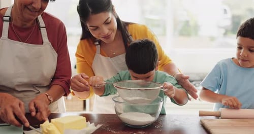 Mother, grandmother and children in kitchen, baking and sifting flour with bakery skill