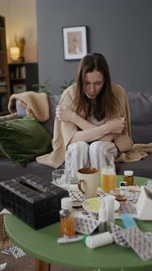 Jeune femme tousse et frissonne avec fièvre et frissons à la maison