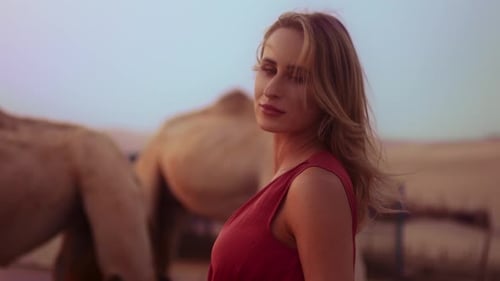Europian girl at safari enjoying good time with camels and desert, united Arab emirates, Dubai