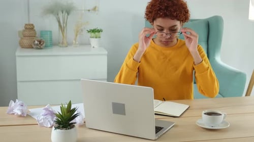 Overwhelmed Young African Woman Suffering From Dry Eyes Syndrome Eyestrain Pain Massaging Nose