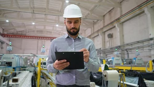 Engineer Inspecting Production Line Taking Notes on Clipboard